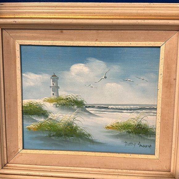 Vintage Signed Betty Moore Framed Oil on Canvas Painting Lighthouse Seascape - Picture 3 of 6